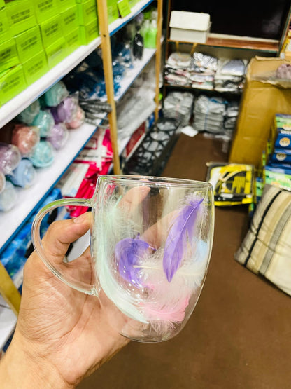 Double Layered Transparent Glass Mug – Feather Design