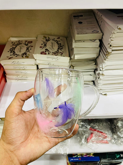Double Layered Transparent Glass Mug – Feather Design