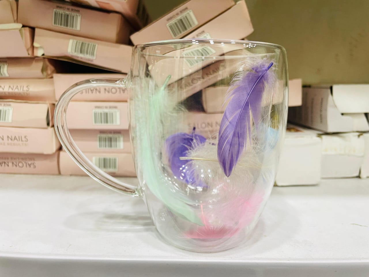 Double Layered Transparent Glass Mug – Feather Design