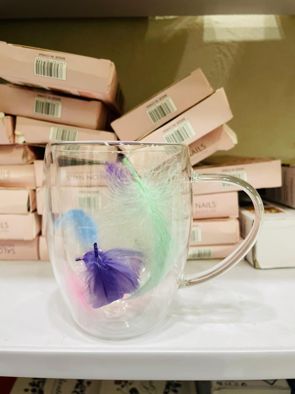 Double Layered Transparent Glass Mug – Feather Design
