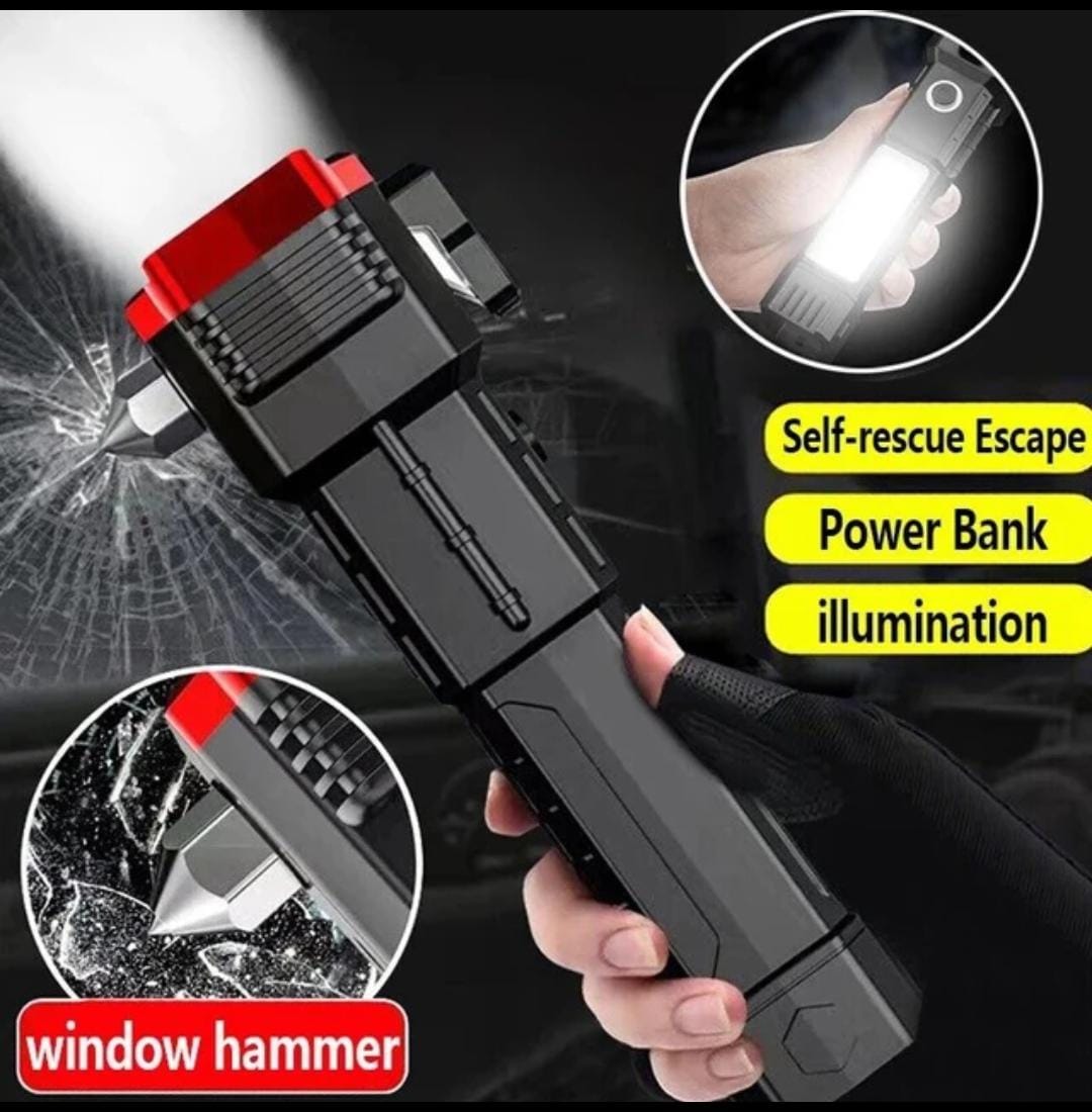 3-in-1 Tactical LED Flashlight — Power Bank | Window Hammer | Emergency Light