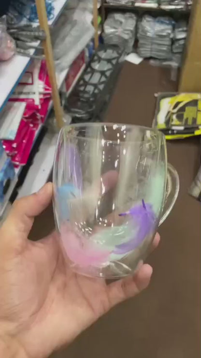 Double Layered Transparent Glass Mug – Feather Design